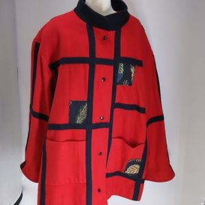 Kay Boys red coat w arty patches/black trim-sz 22W